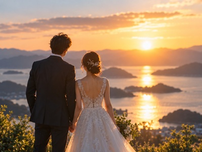 夕暮れの新郎新婦