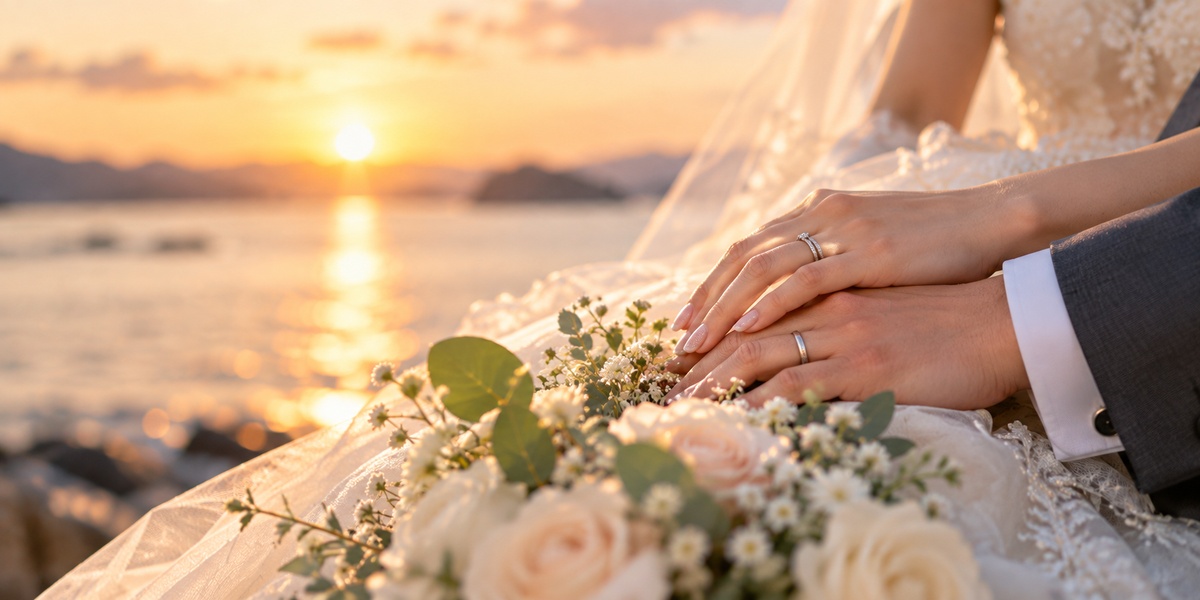 夕暮れの中で手を重ねる新郎新婦