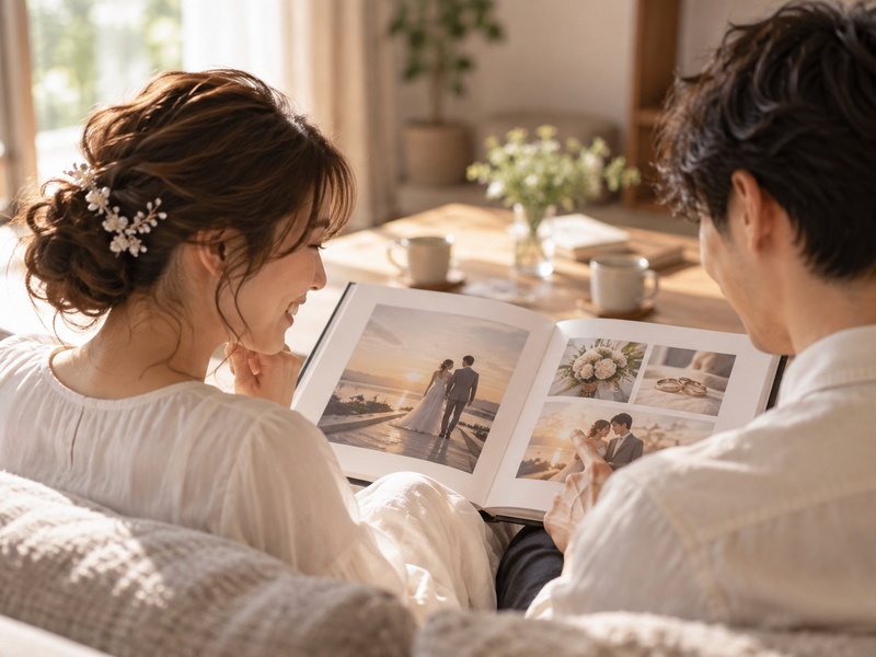 結婚写真を一緒に見返す夫婦