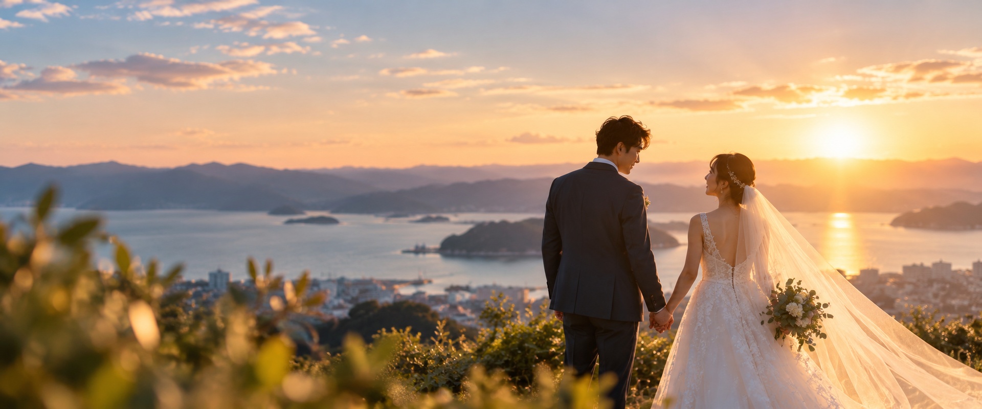 夕暮れの景色を眺める新郎新婦