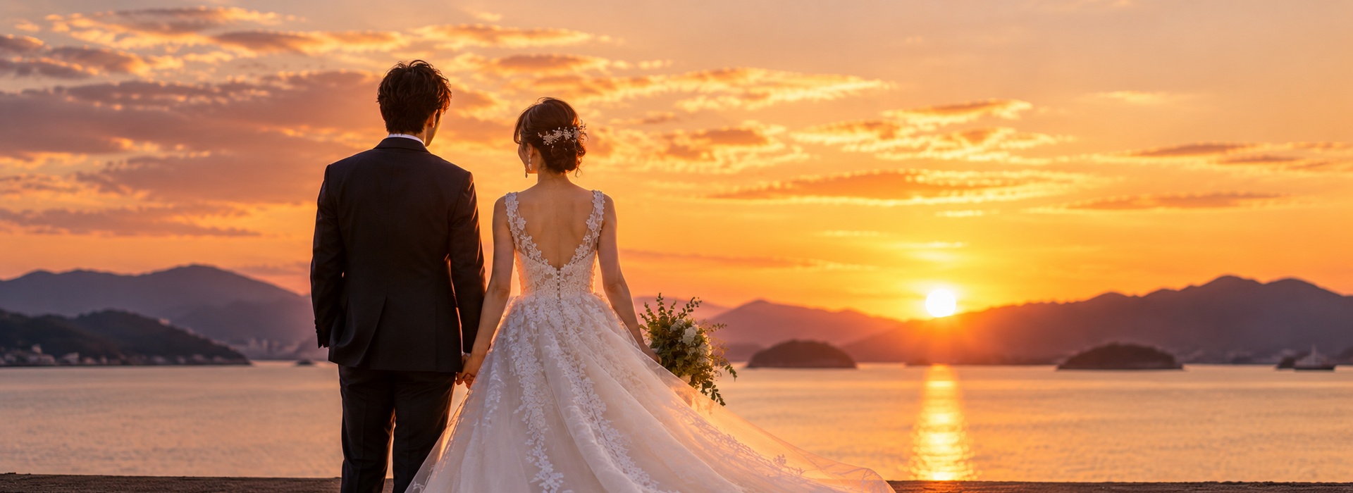 夕暮れの海を眺める新郎新婦の後ろ姿