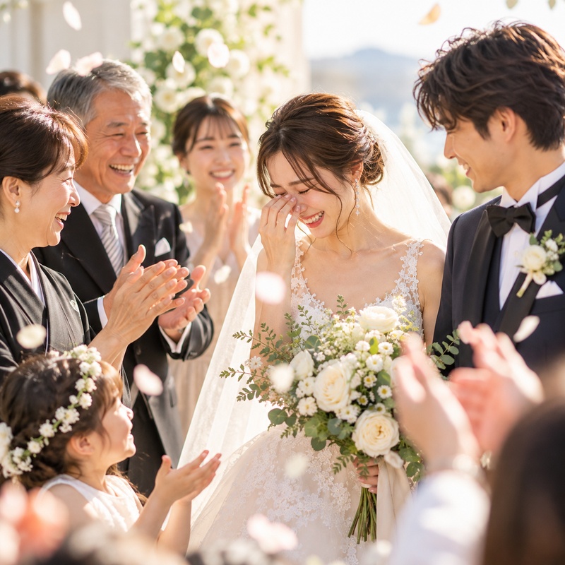 家族から祝福を受ける新郎新婦