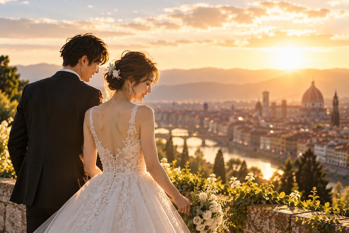 柔らかな光に包まれた新郎新婦