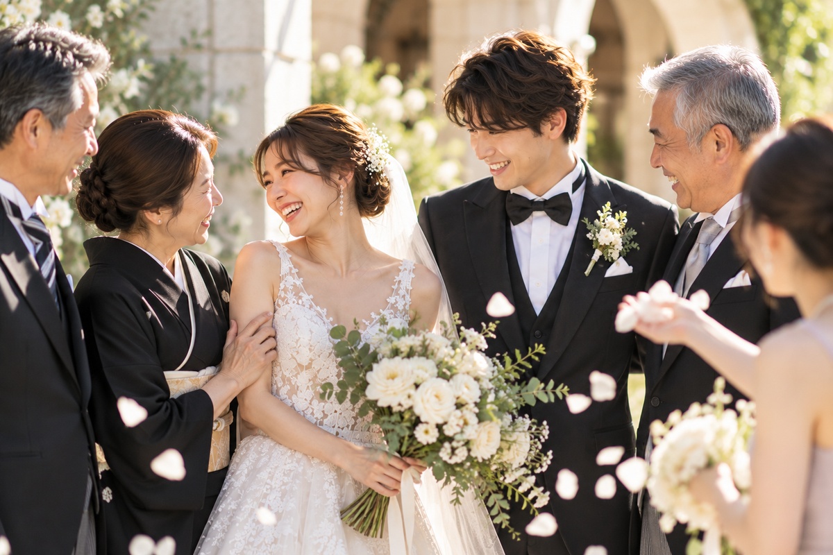 家族と過ごす新郎新婦