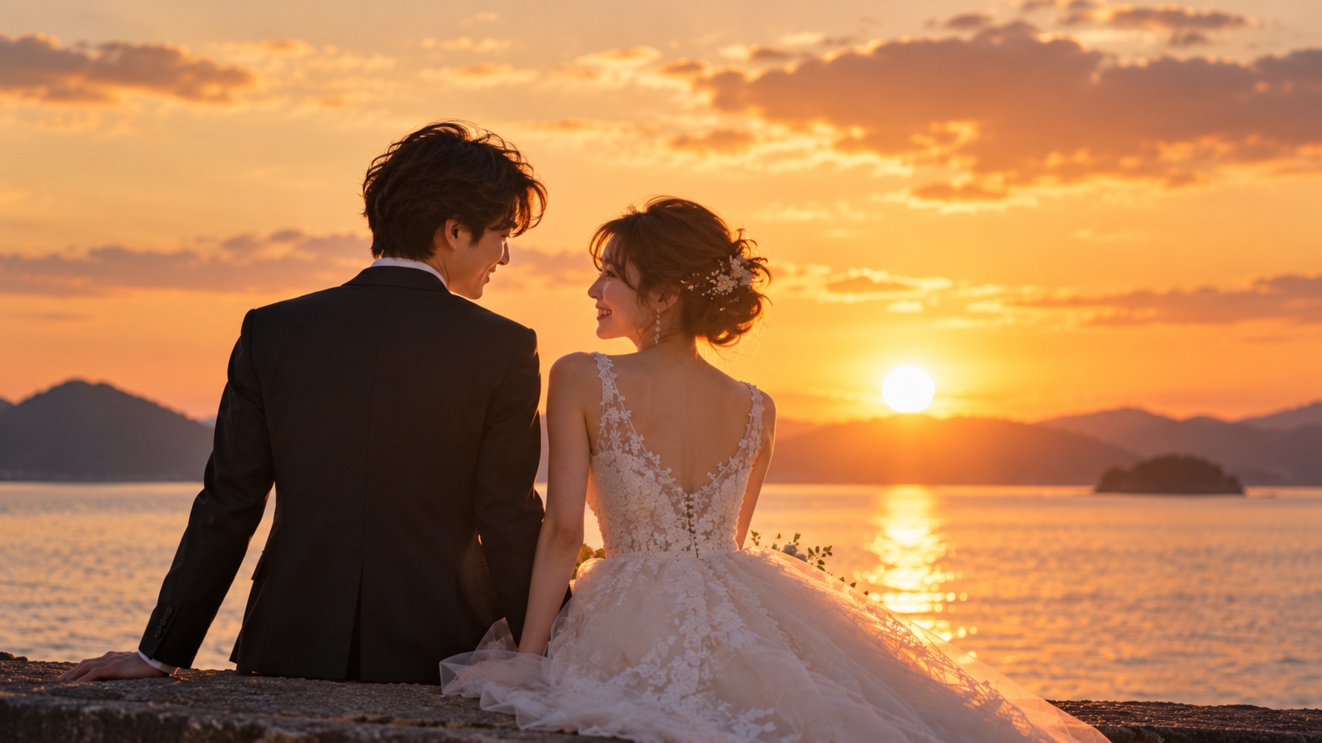 夕暮れの海を眺める新郎新婦