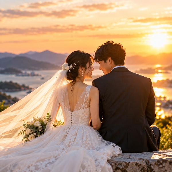 夕暮れの中で寄り添う新郎新婦