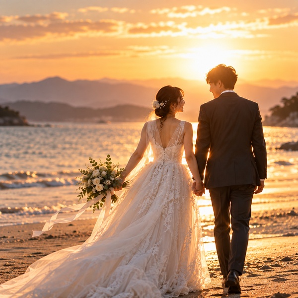 夕暮れの海辺を歩く新郎新婦