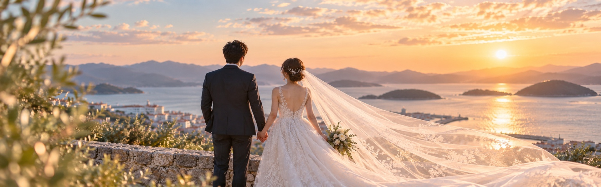 撮影を楽しむ新郎新婦