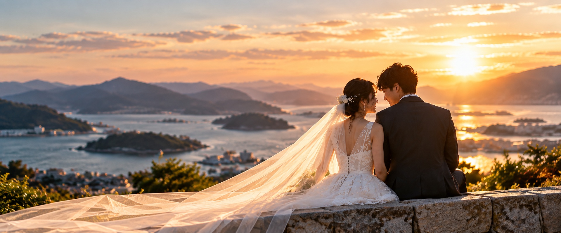 夕暮れの景色を眺める新郎新婦