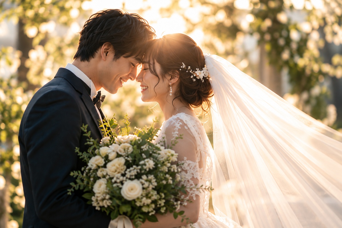 光の中で寄り添う新郎新婦