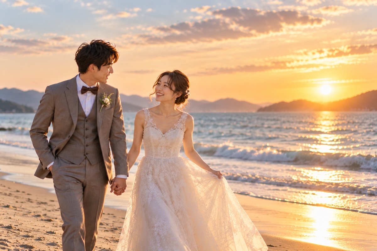 海辺を歩くSOTAとMEI