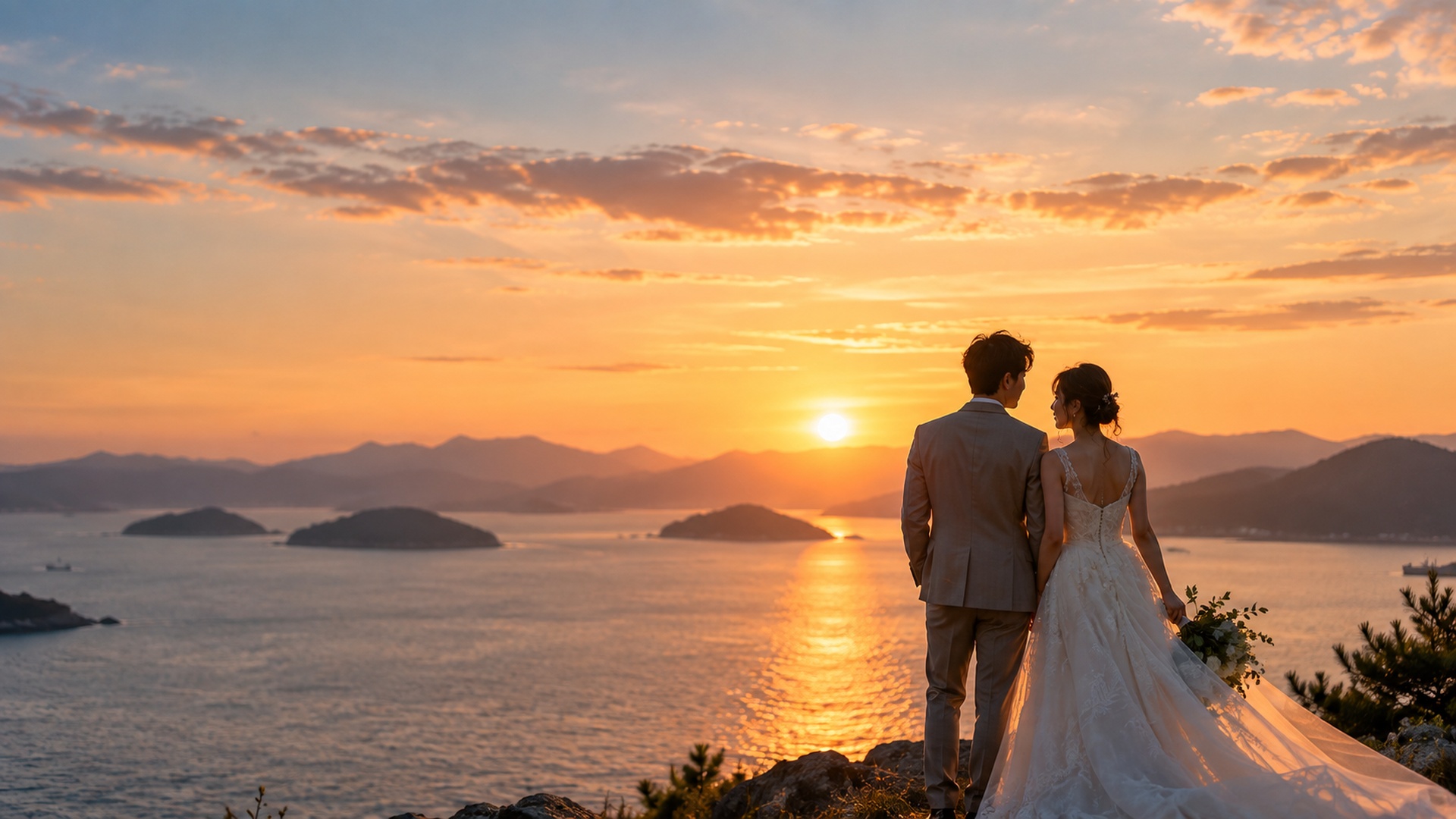 夕暮れの海辺を歩くSOTAとMEI