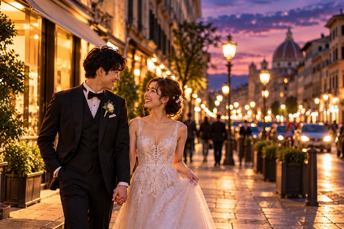 夕暮れの街を自然に歩くKEITAとAYAKA
