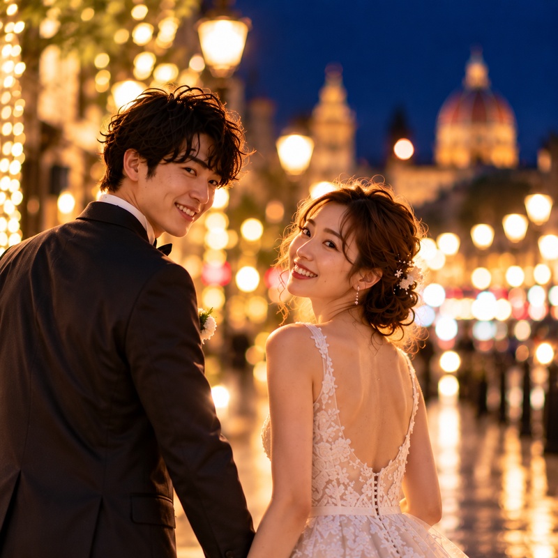 夜の街で笑顔を見せるKEITAとAYAKA