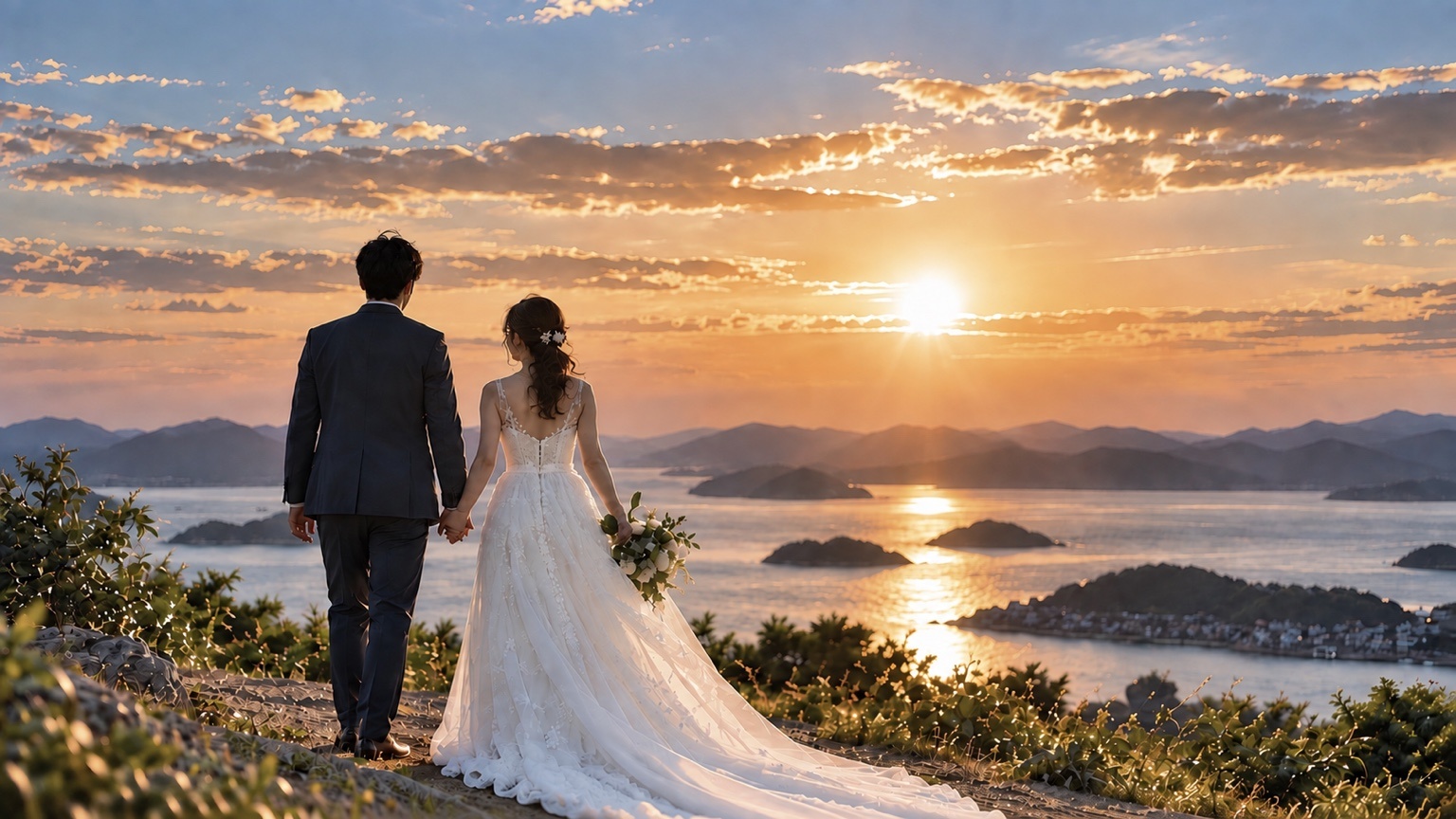 夕景の中に立つ新郎新婦