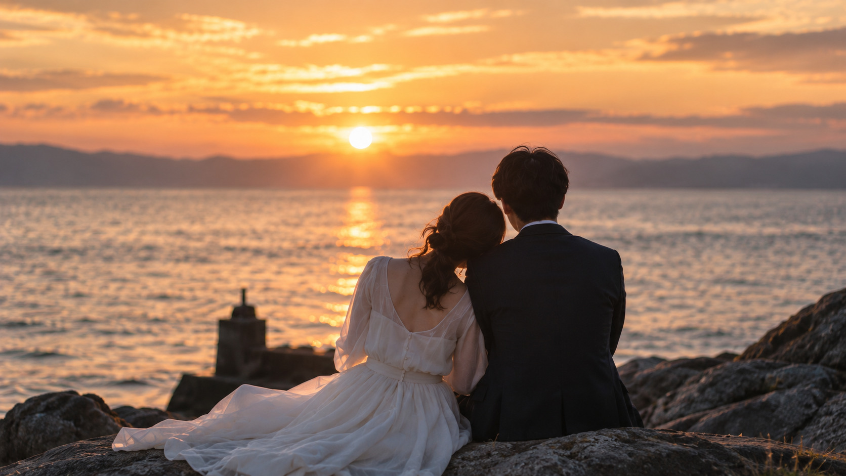 夕景の中の新郎新婦